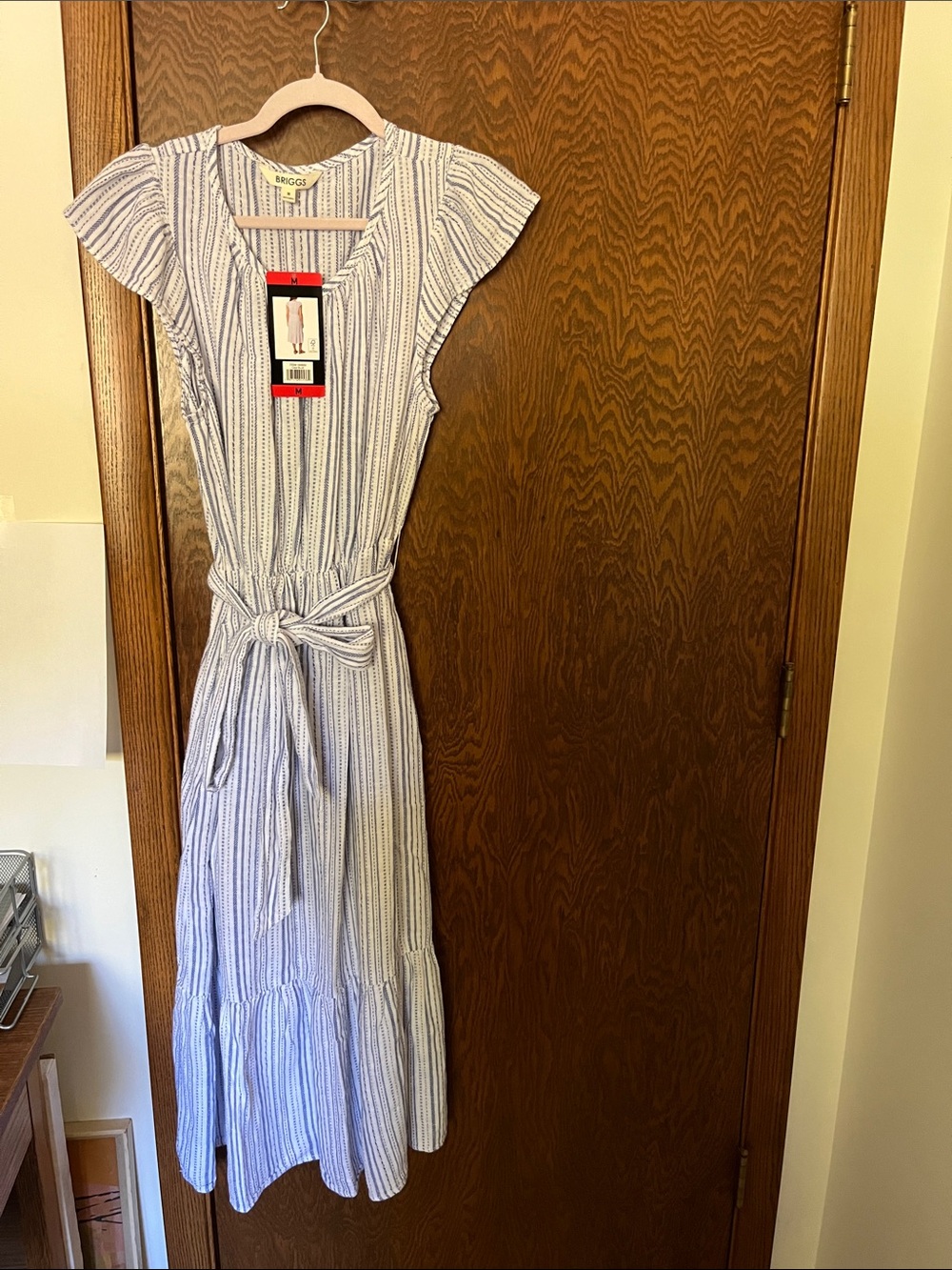 NWT- Briggs New York Blue and White Striped linen Tie-Waist Maxi Dress.